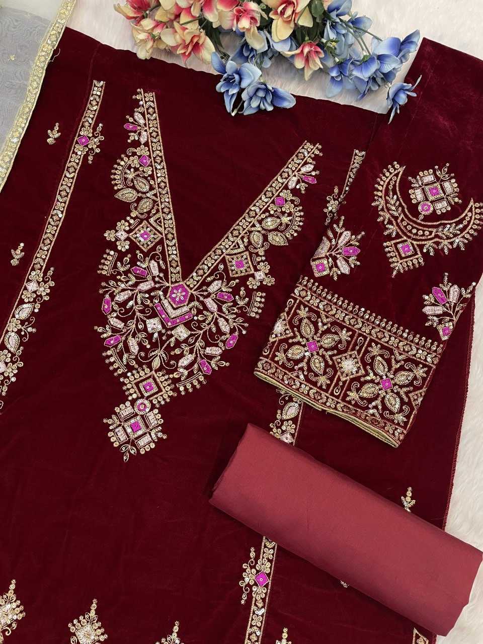Ynf Velvet RIN131 TAWAKKAL 1320 Suits & Dresses Wholesale Unstitched Suits Velvet Suits Embroidery Suits Semi Stitched Suits Manufacturer- Kapda Export