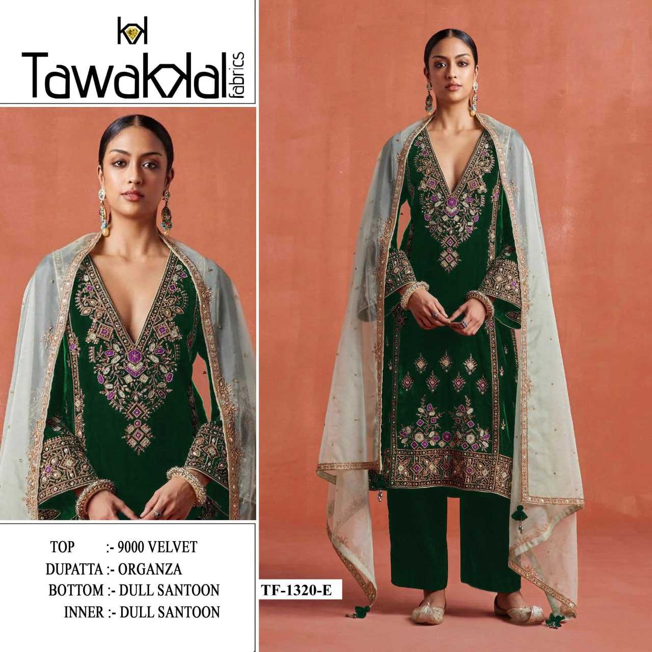 Ynf Velvet RIN131 TAWAKKAL 1320 Suits & Dresses Wholesale Unstitched Suits Velvet Suits Embroidery Suits Semi Stitched Suits Manufacturer- Kapda Export