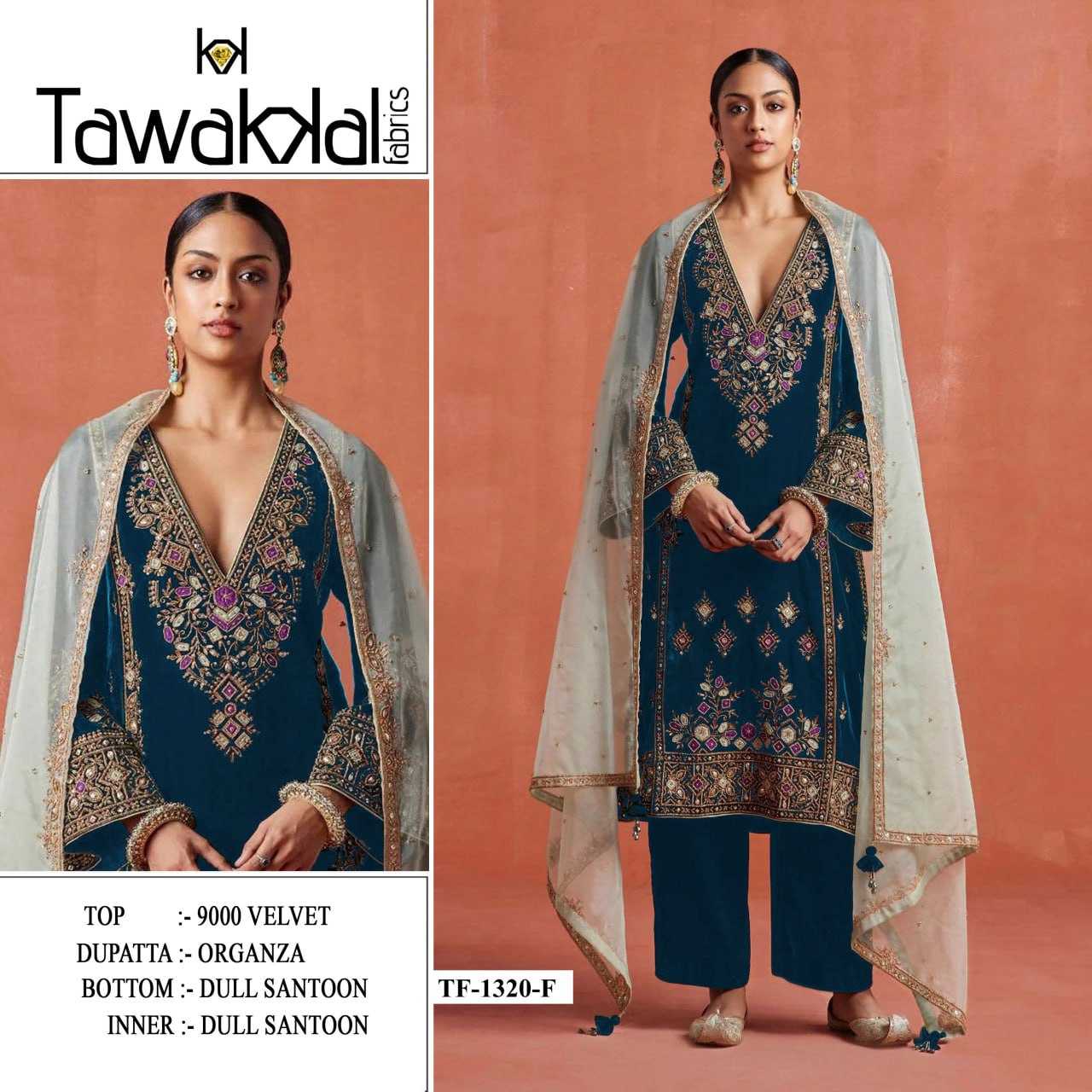 Ynf Velvet RIN131 TAWAKKAL 1320 Suits & Dresses Wholesale Unstitched Suits Velvet Suits Embroidery Suits Semi Stitched Suits Manufacturer- Kapda Export