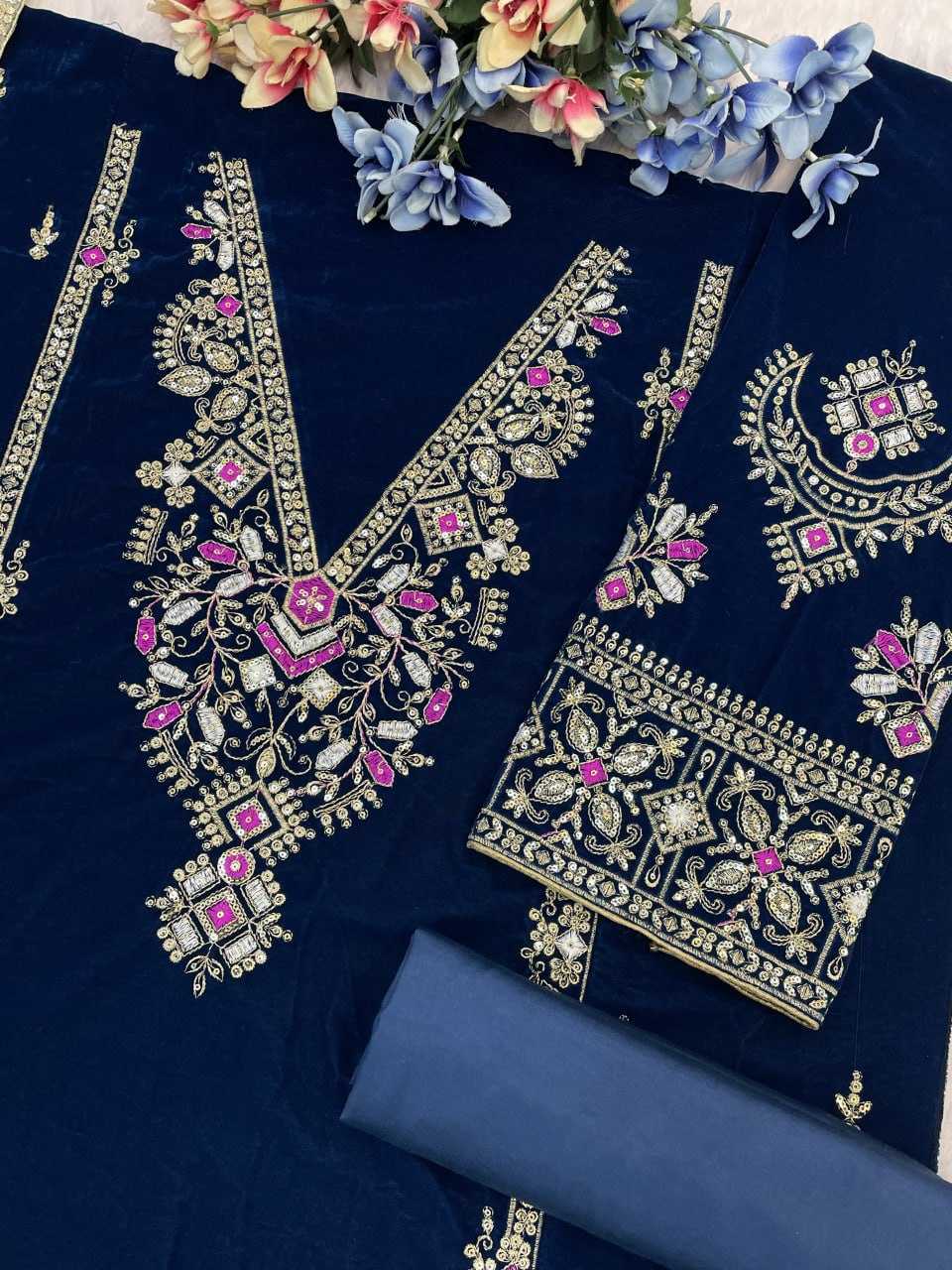 Ynf Velvet RIN131 TAWAKKAL 1320 Suits & Dresses Wholesale Unstitched Suits Velvet Suits Embroidery Suits Semi Stitched Suits Manufacturer- Kapda Export
