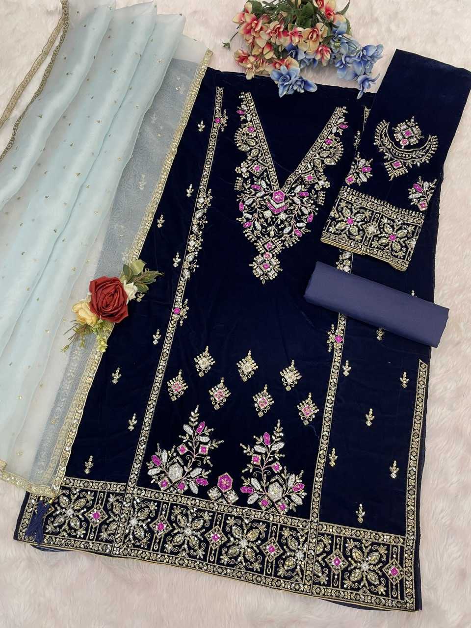 Ynf Velvet RIN131 TAWAKKAL 1320 Suits & Dresses Wholesale Unstitched Suits Velvet Suits Embroidery Suits Semi Stitched Suits Manufacturer- Kapda Export