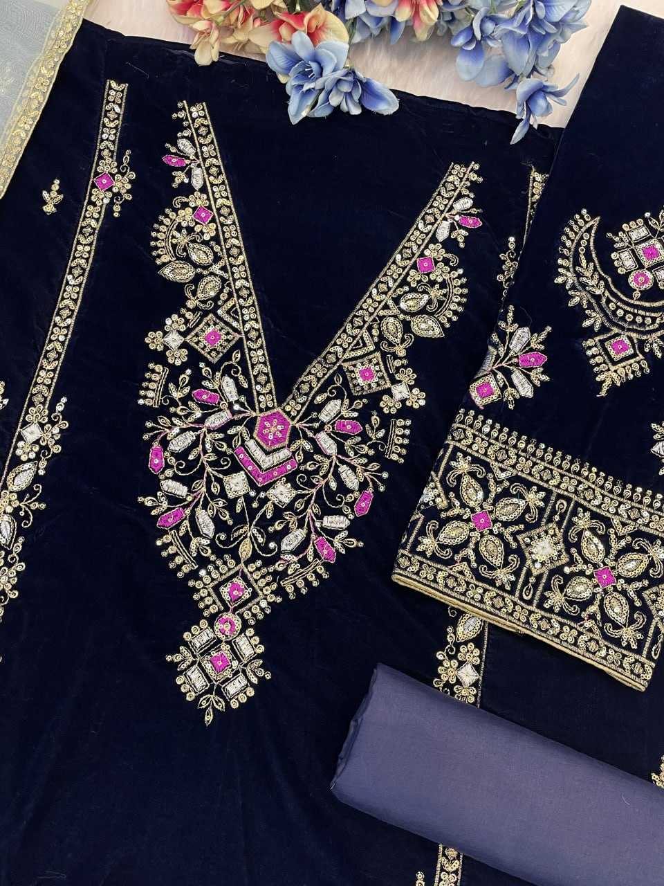 Ynf Velvet RIN131 TAWAKKAL 1320 Suits & Dresses Wholesale Unstitched Suits Velvet Suits Embroidery Suits Semi Stitched Suits Manufacturer- Kapda Export