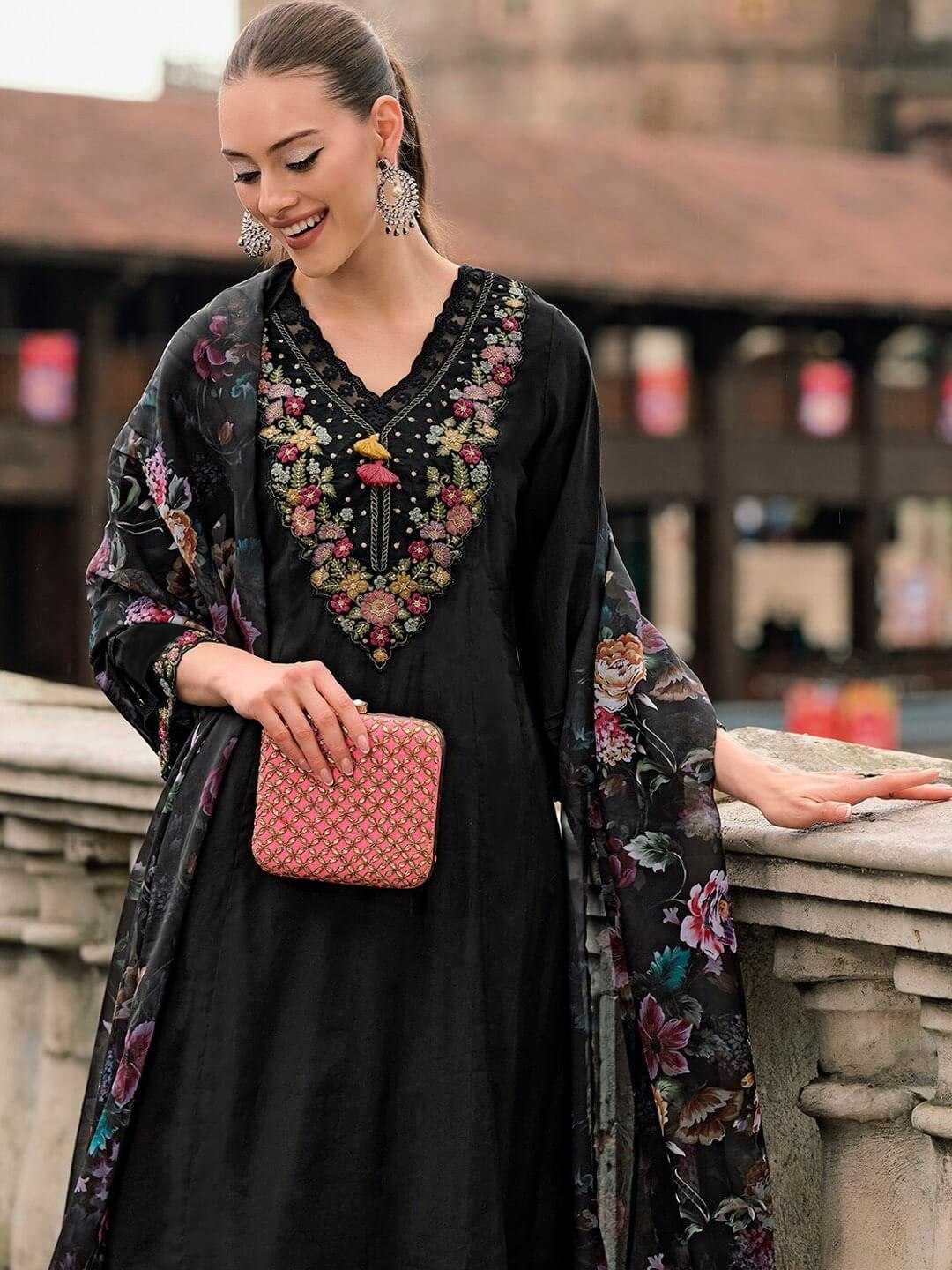 Ynf Vichitra Silk KESH334 AMINA Kurti Wholesale Kurti Bottom With Dupatta Embroidered Kurtis Black Kurtis Manufacturer- Kapda Export
