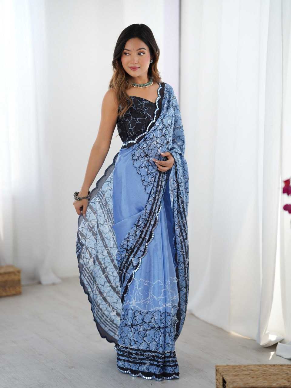 Ynf Chinon KESH595 89 Sarees Wholesale Printed Sarees Mirror Work Saree Blue Sarees Manufacturer- Kapda Export