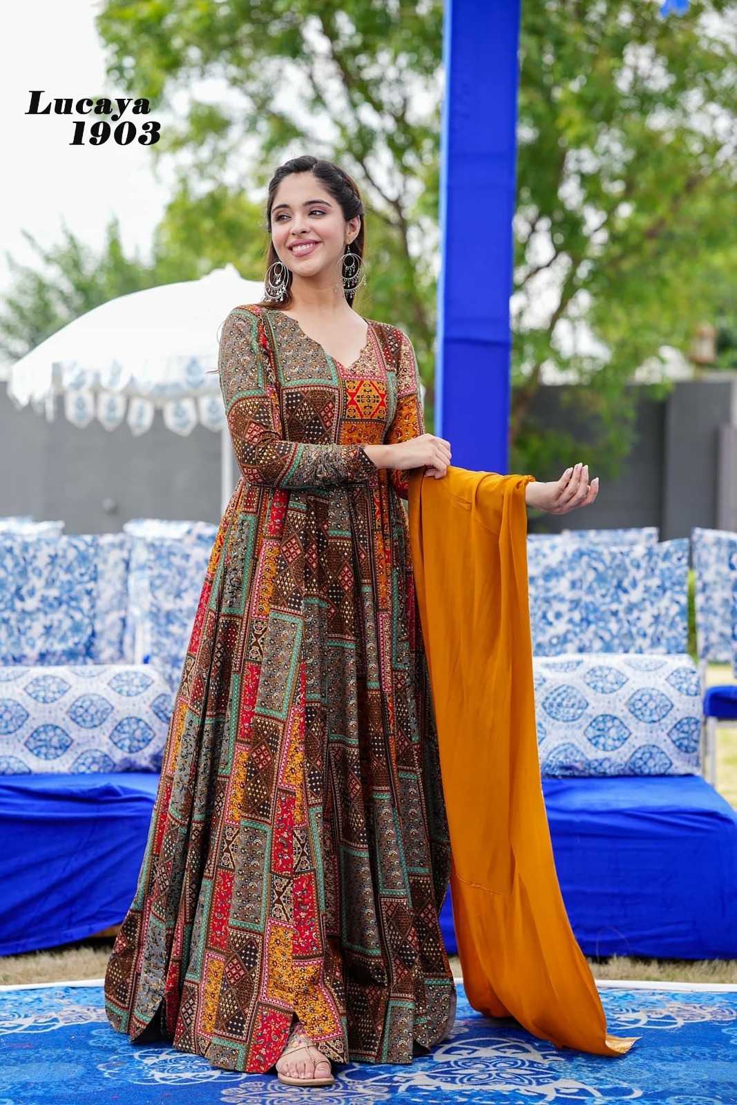 Ynf Heavy Rayon KESH530 LUCAYA VOL-19 1901 Gowns Wholesale Fancy Gowns Full Sleeve Gowns Lehenga Style Gown Manufacturer- Kapda Export