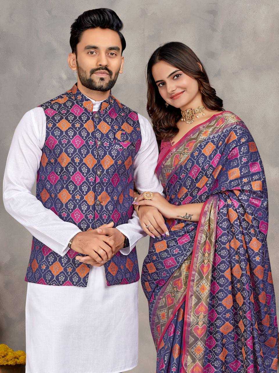 Ynf Jacquard KESH620 MOH-MAYA-1 Couple Wear Festive Collections Wholesale Couple Kurta Pajama and Saree Sets Party Wear Couple Ethnic Collection Manufacturer- Kapda Export