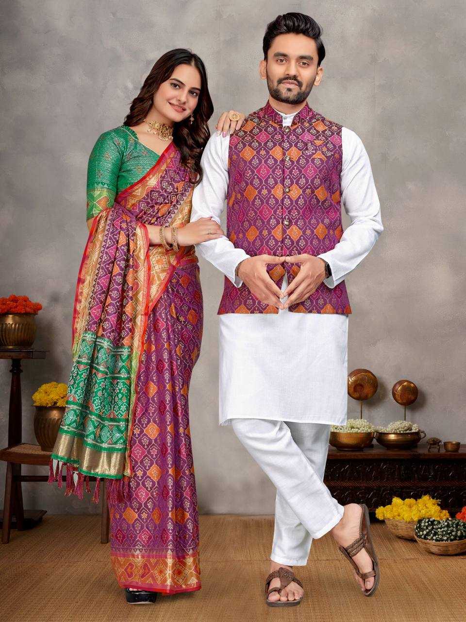 Ynf Jacquard KESH620 MOH-MAYA-1 Couple Wear Festive Collections Wholesale Couple Kurta Pajama and Saree Sets Party Wear Couple Ethnic Collection Manufacturer- Kapda Export