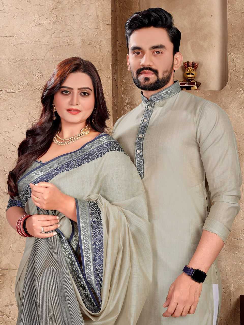 Ynf Linen KESH530 M-1 Couple Wear Wholesale Couple Kurta Pajama and Saree Sets Manufacturer- Kapda Export