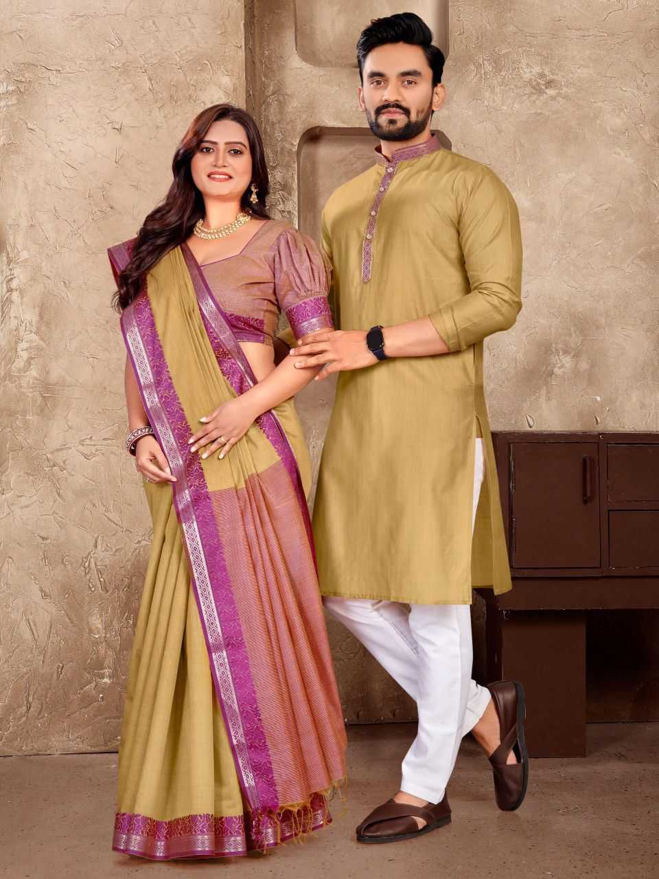 Ynf Linen KESH530 M-1 Couple Wear Wholesale Couple Kurta Pajama and Saree Sets Manufacturer- Kapda Export