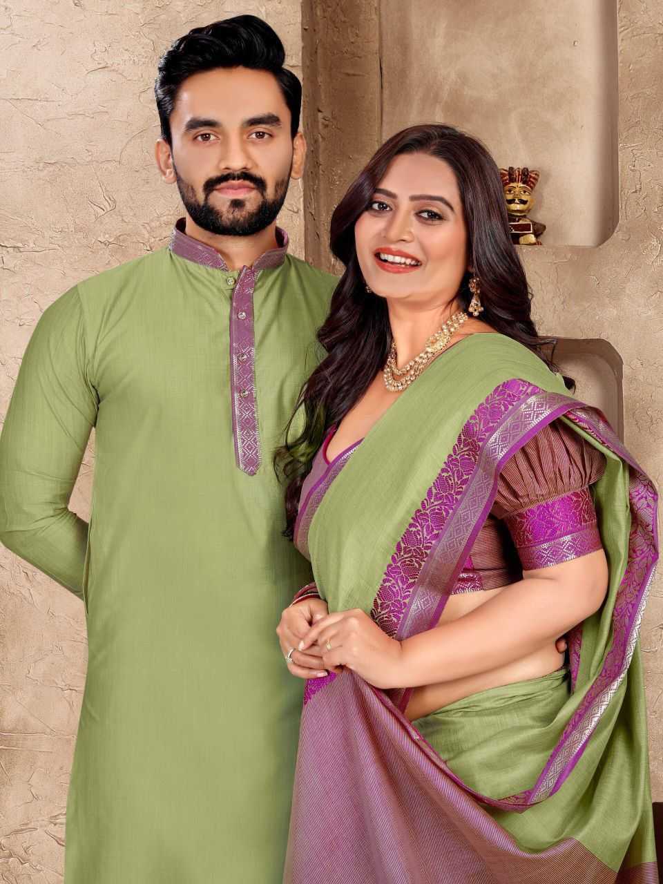 Ynf Linen KESH530 M-1 Couple Wear Wholesale Couple Kurta Pajama and Saree Sets Manufacturer- Kapda Export
