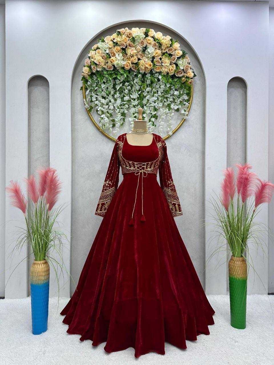 Ynf Velvet RIN162 5640 Gowns Wholesale Long Gowns Velvet Gowns Full Sleeve Gowns Manufacturer- Kapda Export