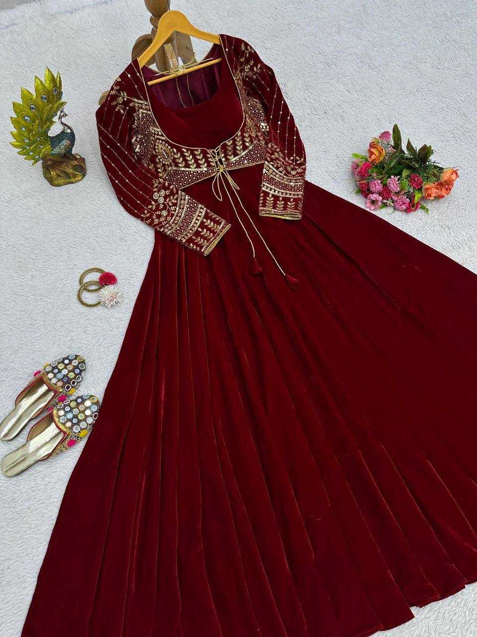 Ynf Velvet RIN162 5640 Gowns Wholesale Long Gowns Velvet Gowns Full Sleeve Gowns Manufacturer- Kapda Export