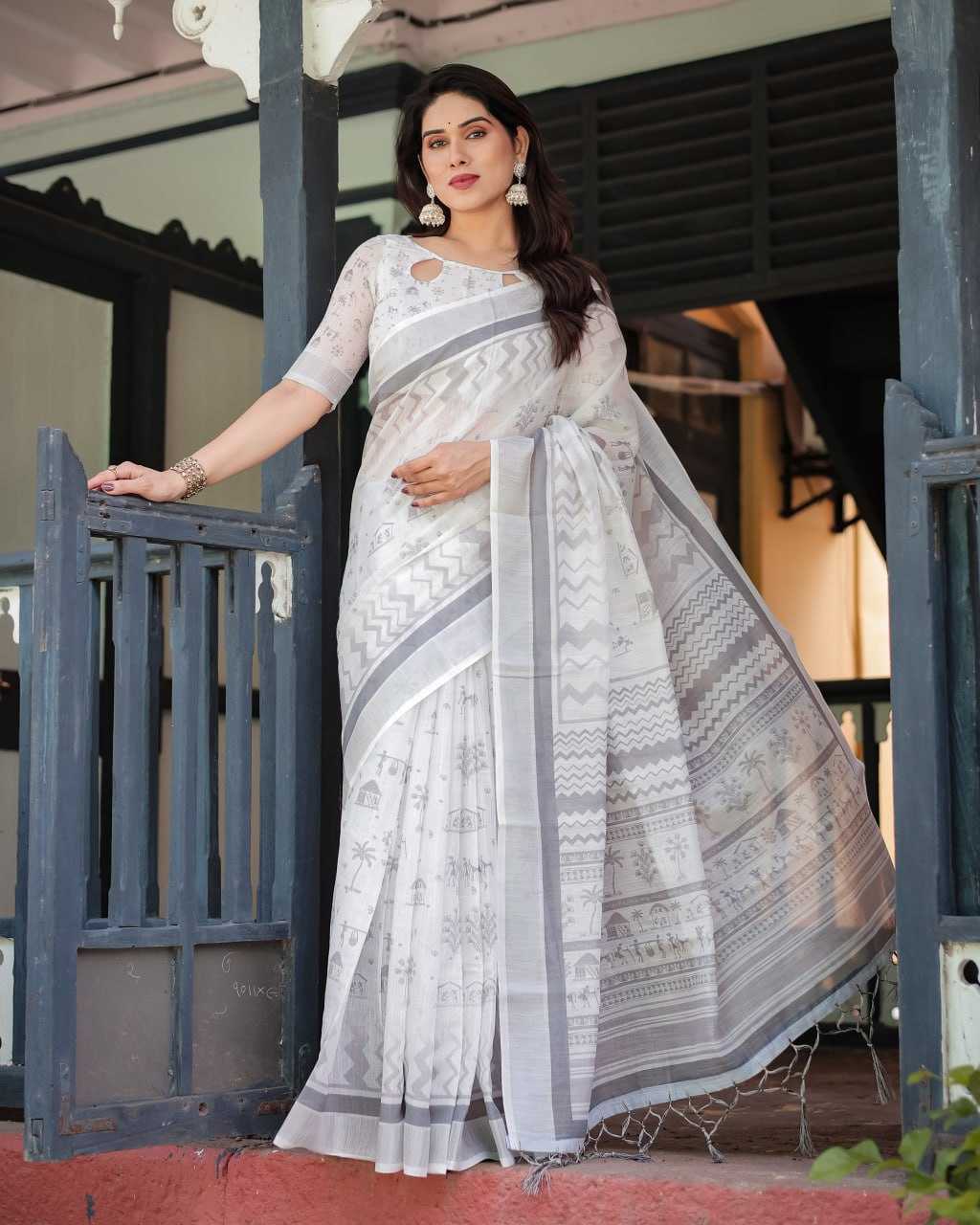Ynf Cotton Linen KESH553 739 Sarees Wholesale Cotton Linen Sarees White Sarees Office Wear Sarees Manufacturer- Kapda Export