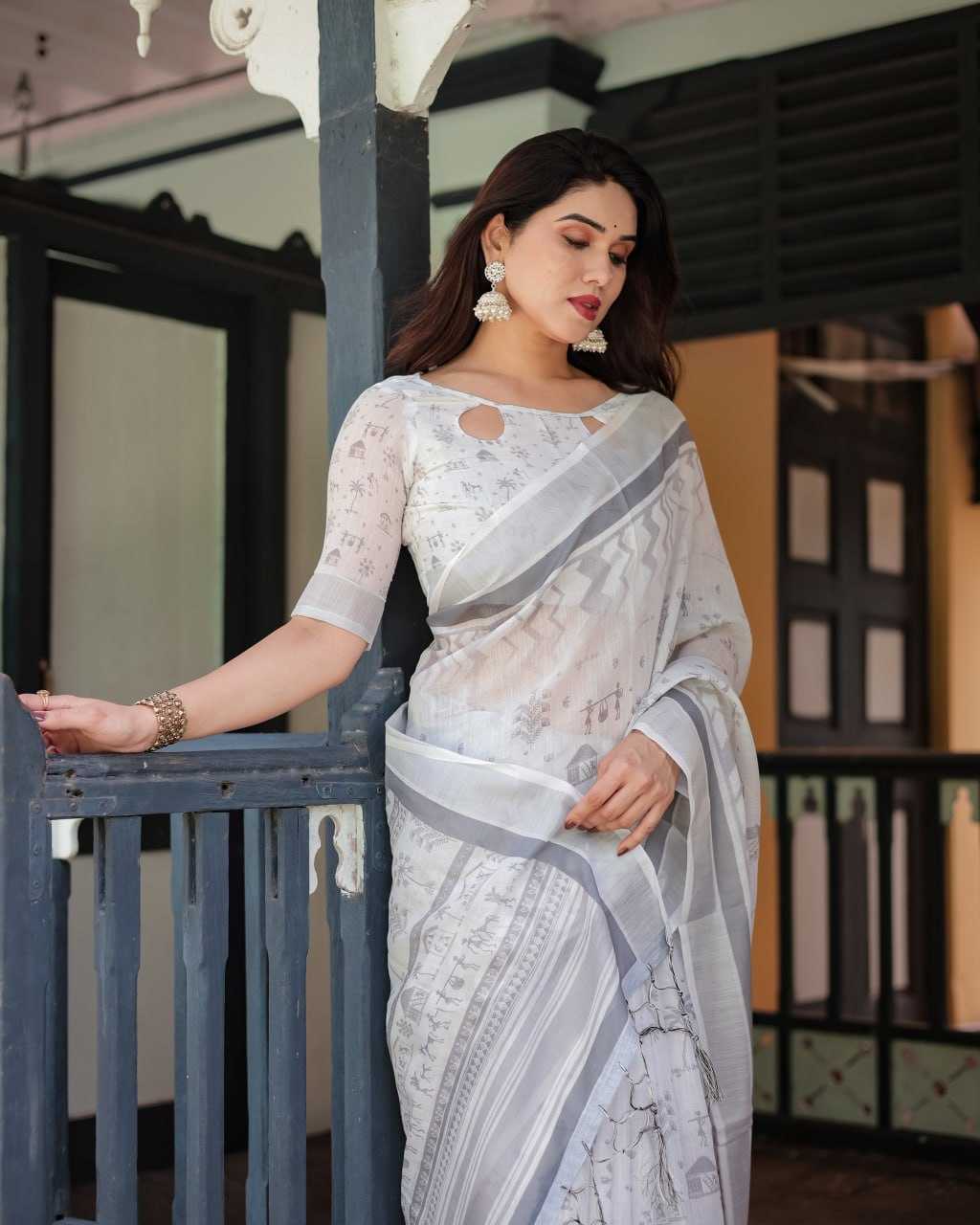 Ynf Cotton Linen KESH553 739 Sarees Wholesale Cotton Linen Sarees White Sarees Office Wear Sarees Manufacturer- Kapda Export