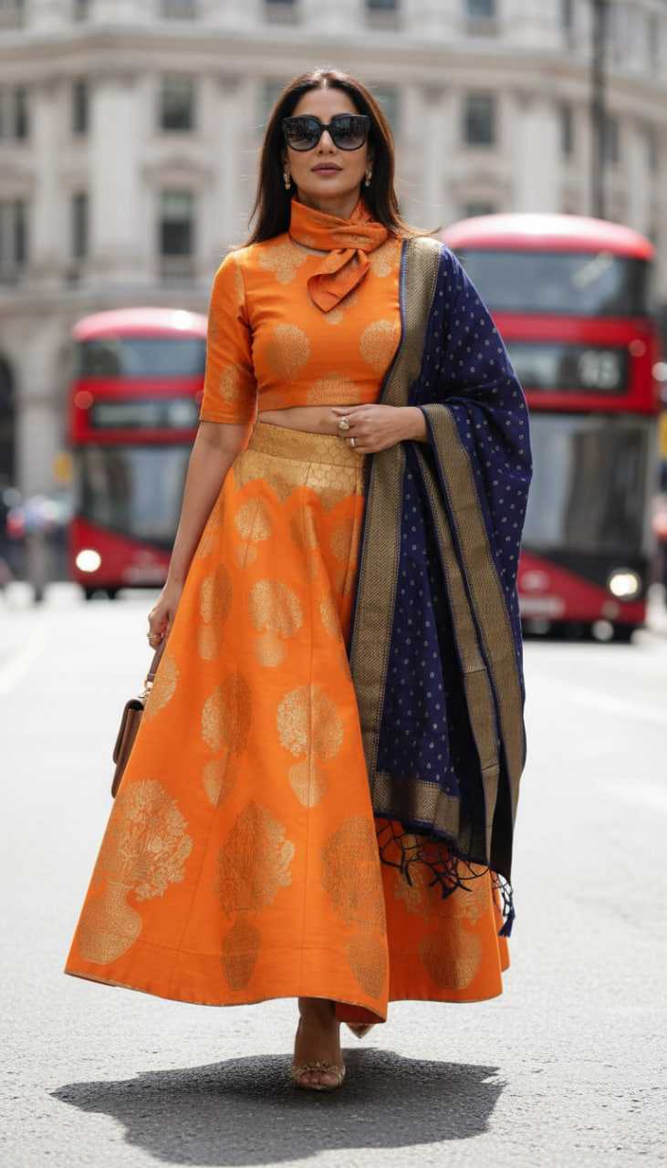 Ynf Banarasi Jacquard KESH441 Orange Lehengas Wholesale Bridal Lehenga Silk Lehenga Banarasi Lehenga Manufacturer- Kapda Export