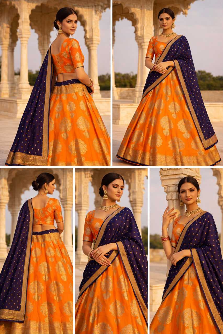Ynf Banarasi Jacquard KESH441 Orange Lehengas Wholesale Bridal Lehenga Silk Lehenga Banarasi Lehenga Manufacturer- Kapda Export