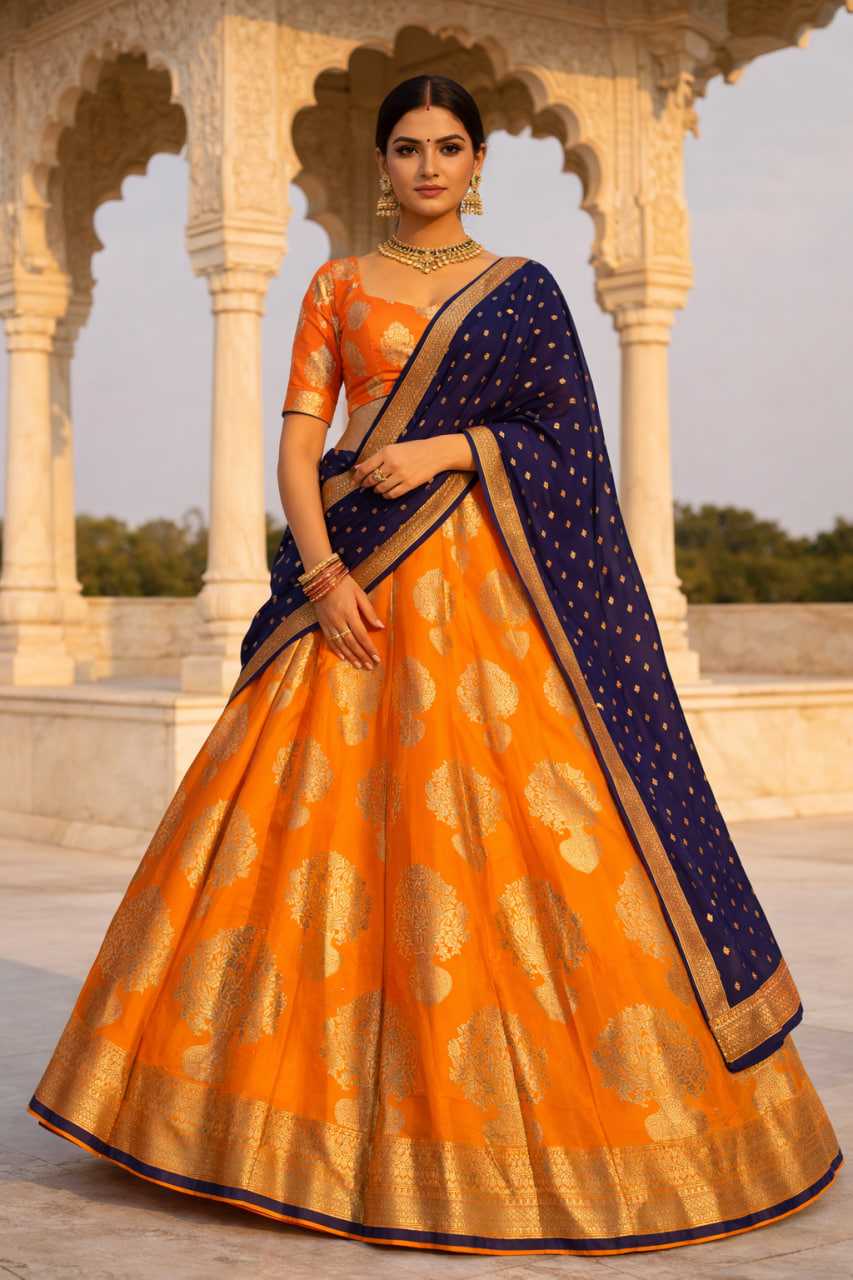 Ynf Banarasi Jacquard KESH441 Orange Lehengas Wholesale Bridal Lehenga Silk Lehenga Banarasi Lehenga Manufacturer- Kapda Export
