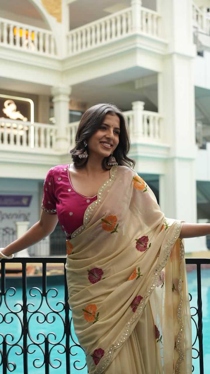 Ynf Georgette KESH682 Hibiscus Sarees Wholesale Fancy Sarees Embroidered Sarees Heavy Work Sarees Manufacturer- Kapda Export