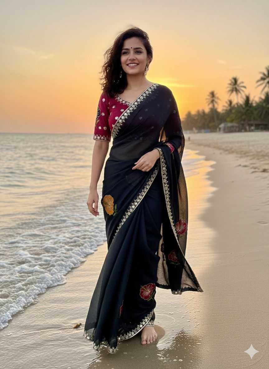 Ynf Georgette KESH682 Hibiscus Sarees Wholesale Fancy Sarees Embroidered Sarees Heavy Work Sarees Manufacturer- Kapda Export