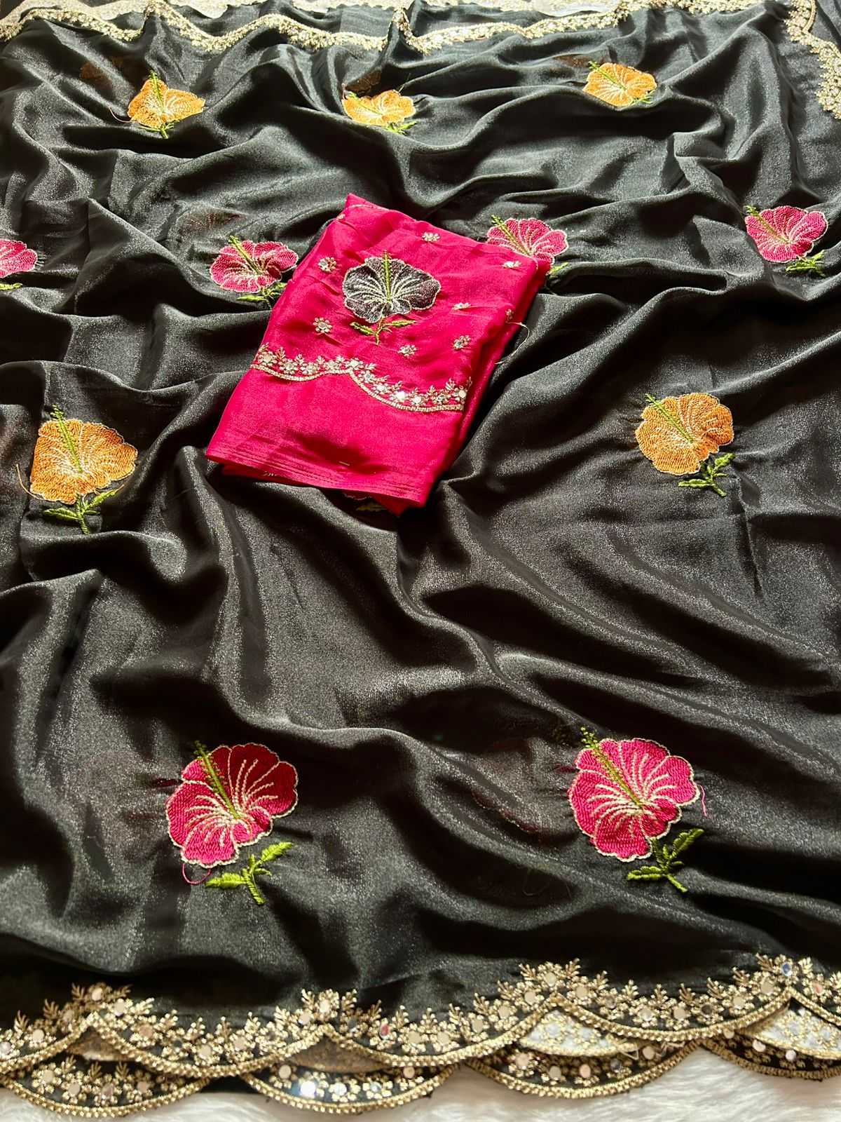 Ynf Georgette KESH682 Hibiscus Sarees Wholesale Fancy Sarees Embroidered Sarees Heavy Work Sarees Manufacturer- Kapda Export
