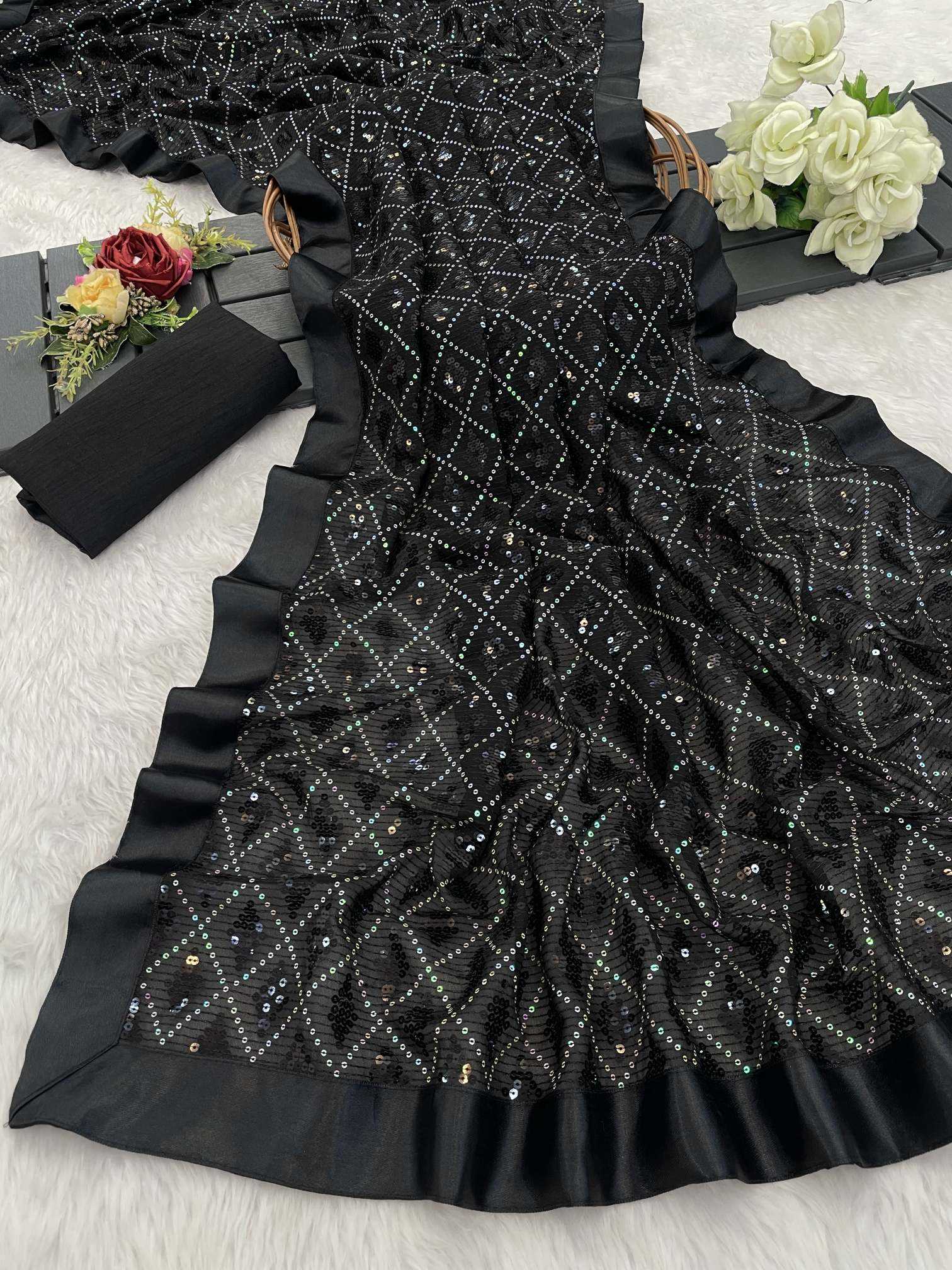 Ynf Georgette KESH689 802 Sarees Wholesale Party Wear Sarees Sequence Sarees Black Sarees Manufacturer- Kapda Export