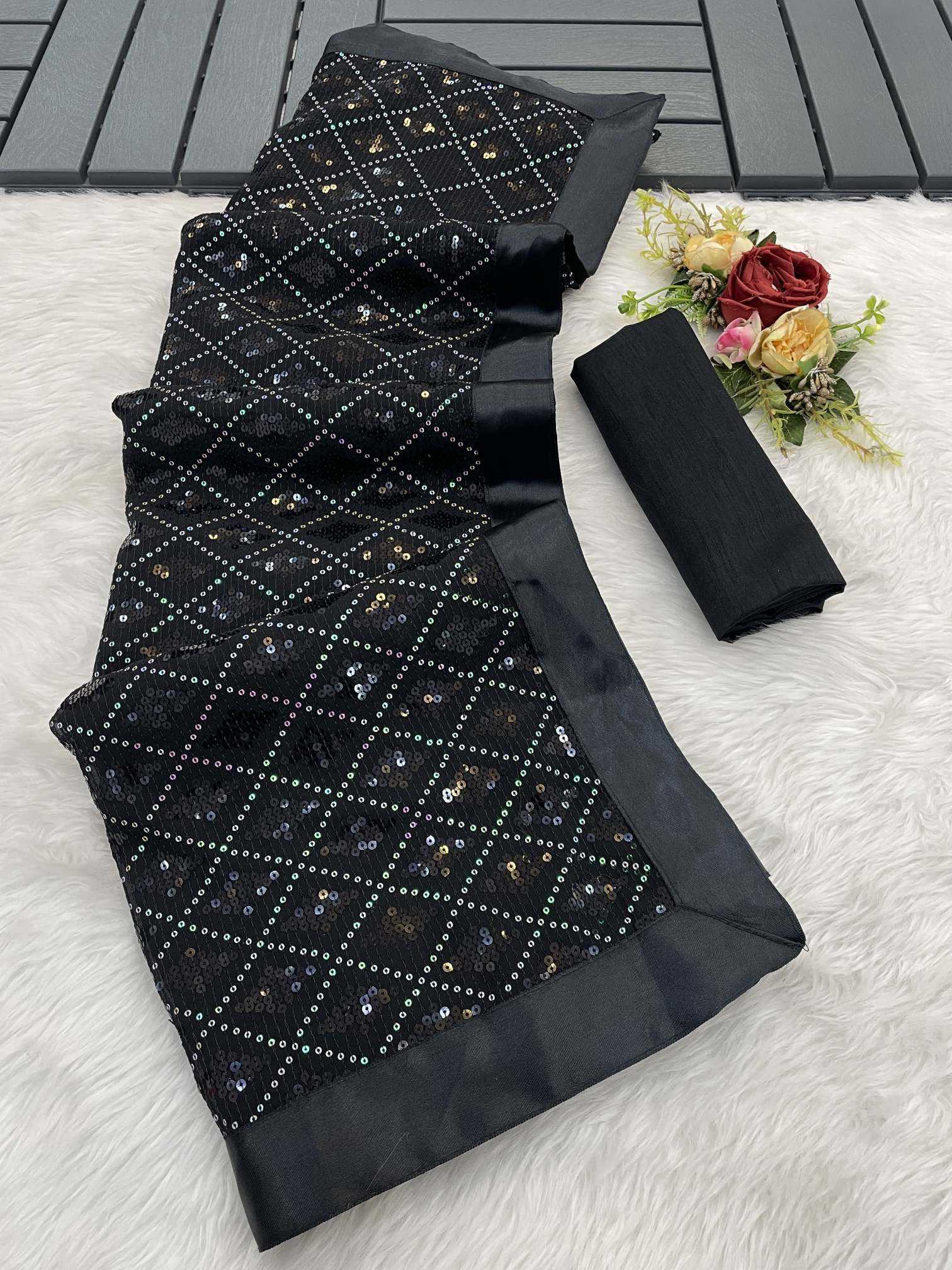 Ynf Georgette KESH689 802 Sarees Wholesale Party Wear Sarees Sequence Sarees Black Sarees Manufacturer- Kapda Export