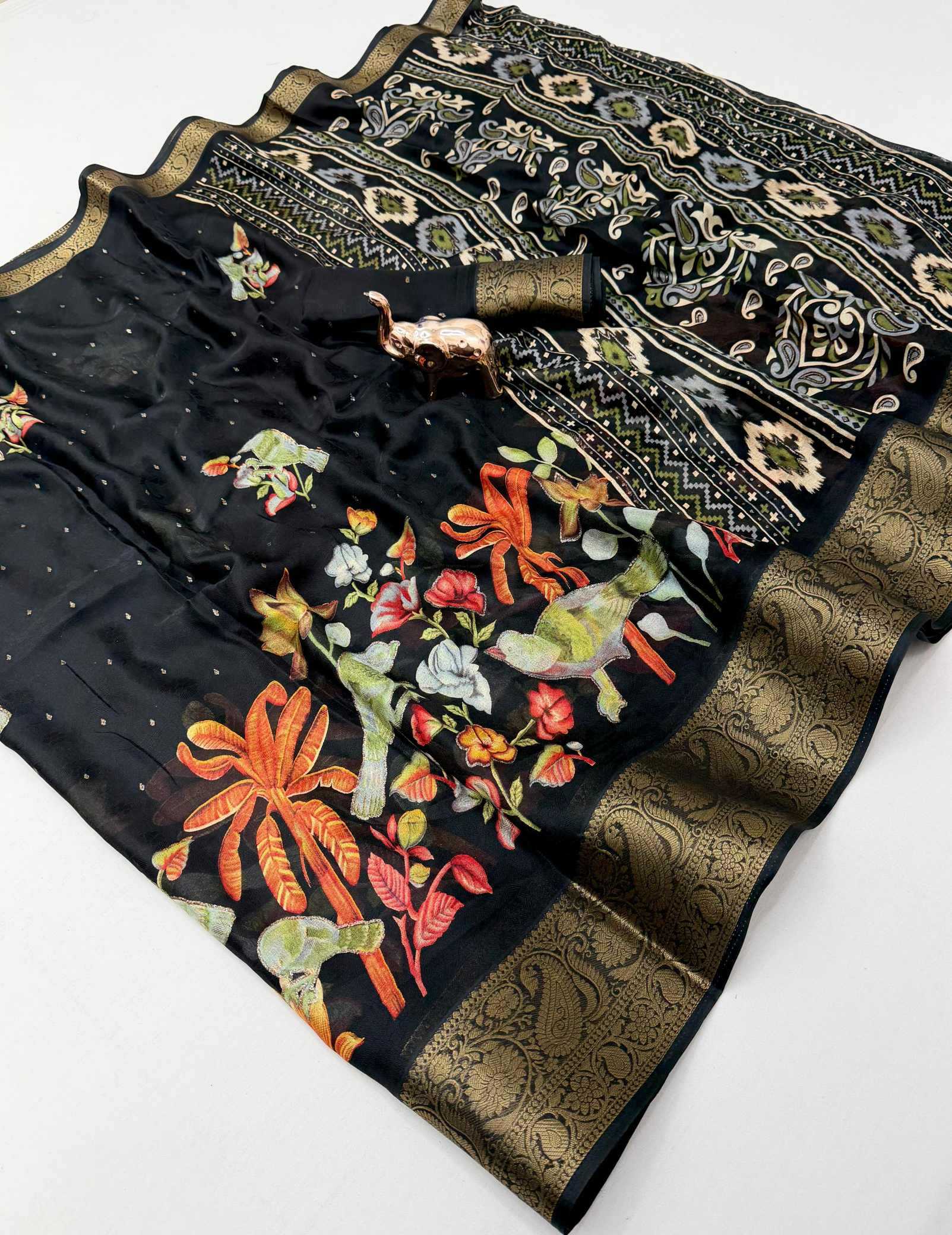 Ynf Georgette KESH719 Black Parrot Sarees Wholesale Party Wear Sarees Fancy Sarees Black Sarees Manufacturer- Kapda Export