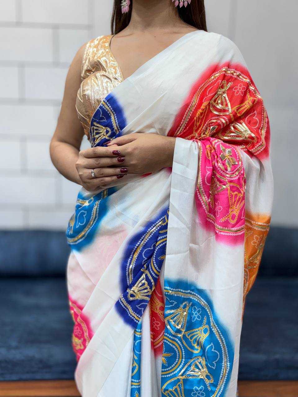 Ynf Pure Bandhej KESH709 4 Sarees Wholesale Printed Sarees Butta Sarees Gota Work Saree Manufacturer- Kapda Export