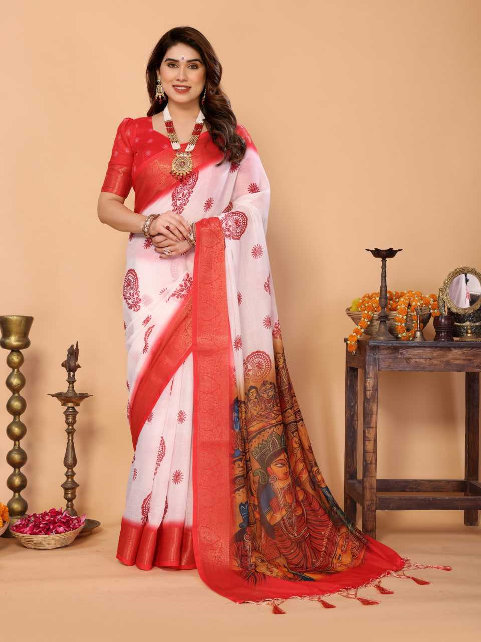 Ynf Pure Linen KESH719 109 Sarees Wholesale Designer Sarees Red Sarees Festive Sarees Manufacturer- Kapda Export