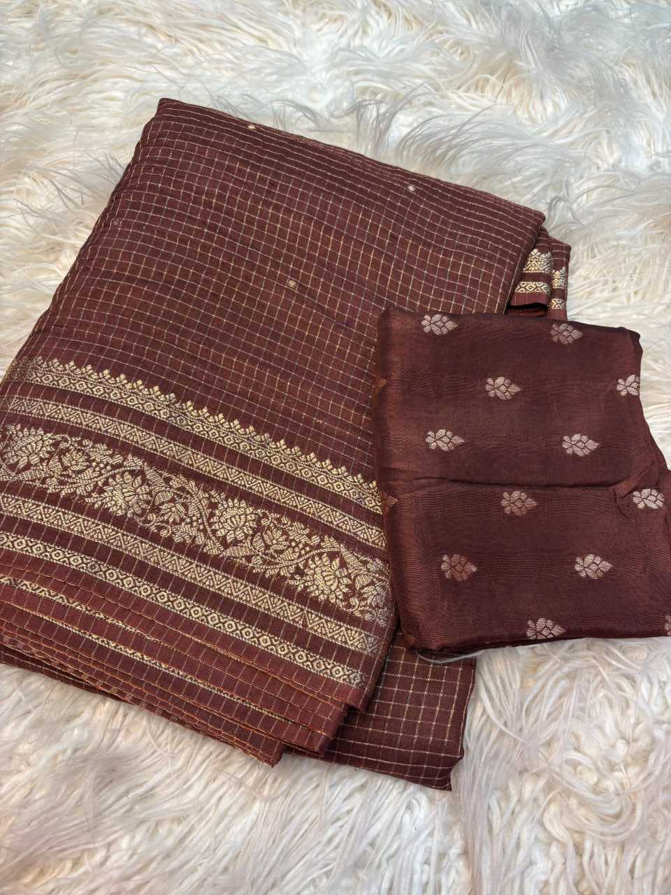 Ynf Pure Viscos RIN195 Dola Chex Sarees Wholesale Ruffle Sarees Butta Sarees Zari Border Sarees Manufacturer- Kapda Export