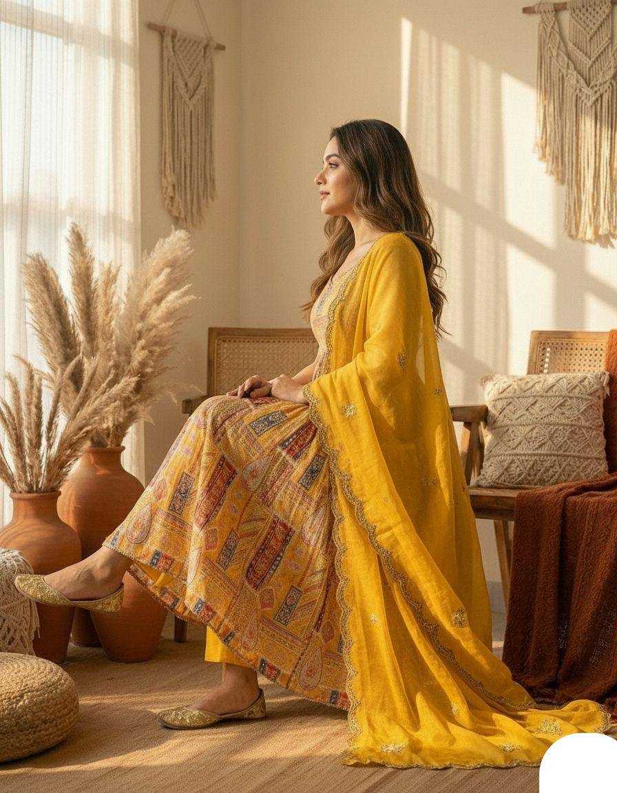 Ynf Satin KESH501 Yellow Suits & Dresses Wholesale Designer dresses Printed Dresses Embroidered Dresses Manufacturer- Kapda Export