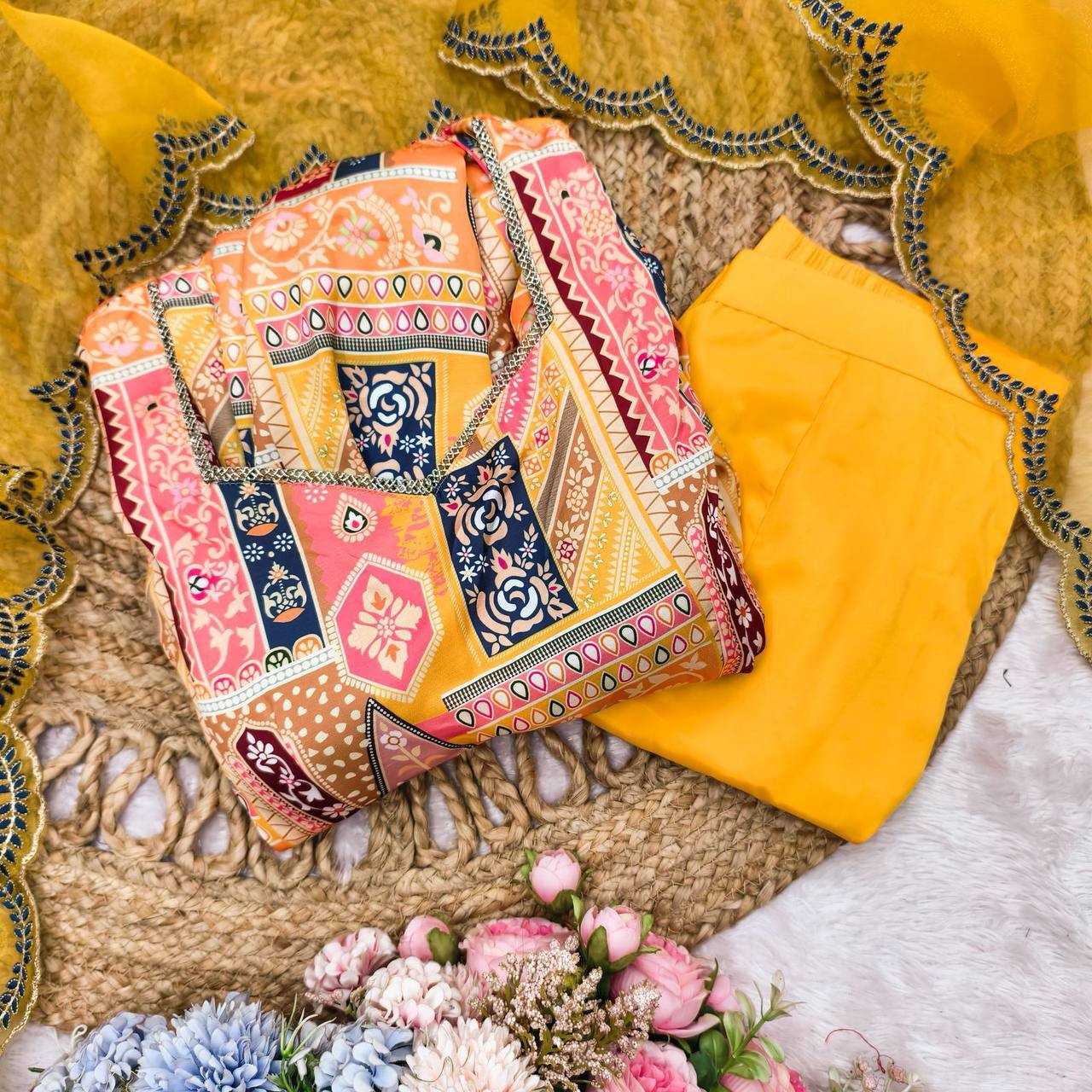 Ynf Satin KESH501 Yellow Suits & Dresses Wholesale Designer dresses Printed Dresses Embroidered Dresses Manufacturer- Kapda Export