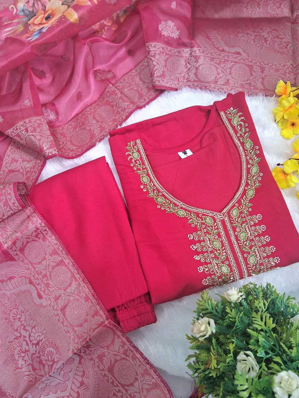 Ynf Viscose Chanderi KESH654 KARY Suits & Dresses Festive Collections Wholesale Embroidery Suits Ladies Silk Suit Chanderi Suit Manufacturer- Kapda Export