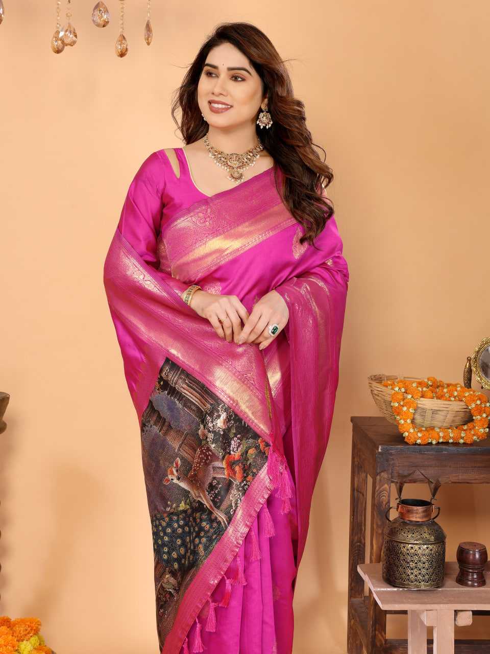 Ynf Zari Silk KESH709 25 Sarees Wholesale Printed Sarees Ikkat Saree Zari Border Sarees Manufacturer- Kapda Export