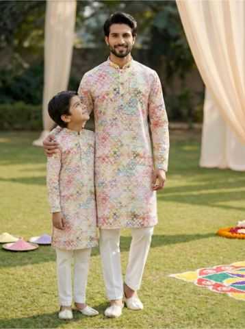 Ynf Cotton RIN223 Father-Son Combo Kurta Pyjama Mens Wear Kids Wear Wholesale Boys Kurta Pyjama Mens Kurta Pyjama Kids Traditional Outfits Manufacturer- Kapda Export