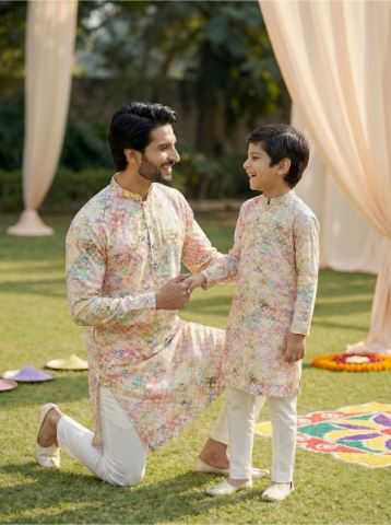 Ynf Cotton RIN223 Father-Son Combo Kurta Pyjama Mens Wear Kids Wear Wholesale Boys Kurta Pyjama Mens Kurta Pyjama Kids Traditional Outfits Manufacturer- Kapda Export