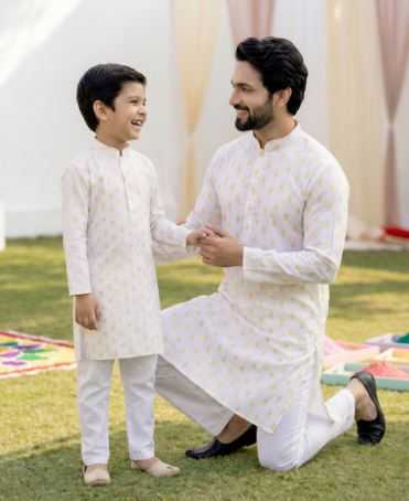 Ynf Cotton RIN223 Father-Son Combo Kurta Pyjama Mens Wear Kids Wear Wholesale Boys Kurta Pyjama Mens Kurta Pyjama Kids Traditional Outfits Manufacturer- Kapda Export