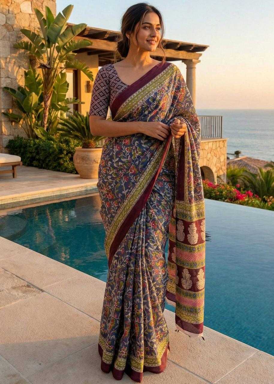 Ynf Cotton RIN229 arjun Sarees Wholesale Block Print Sarees Kalamkari Sarees Mulmul Cotton Sarees Manufacturer- Kapda Export