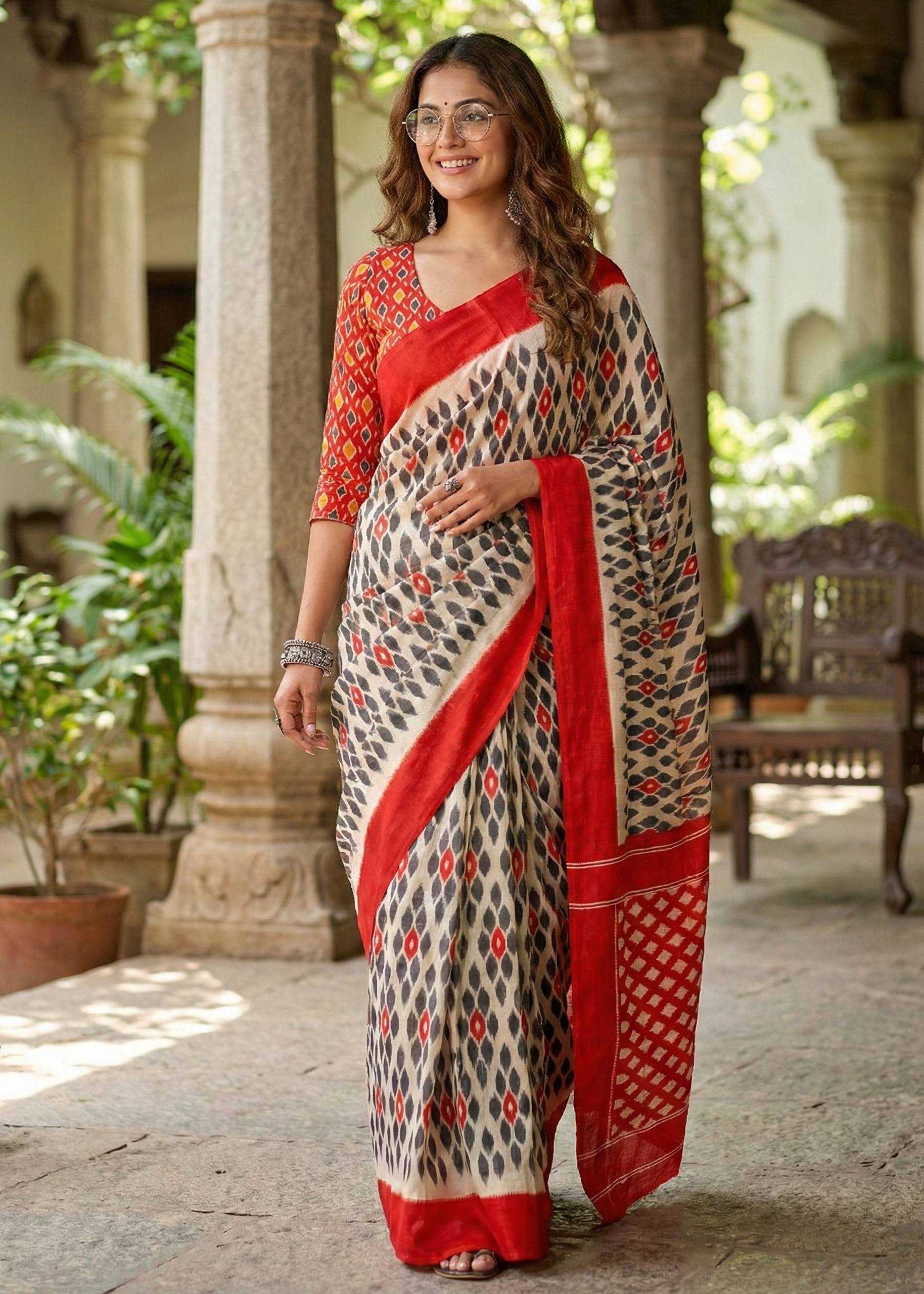 Ynf Cotton RIN229 Ikkat Sarees Wholesale Designer Sarees Printed Sarees Ikkat Saree Manufacturer- Kapda Export