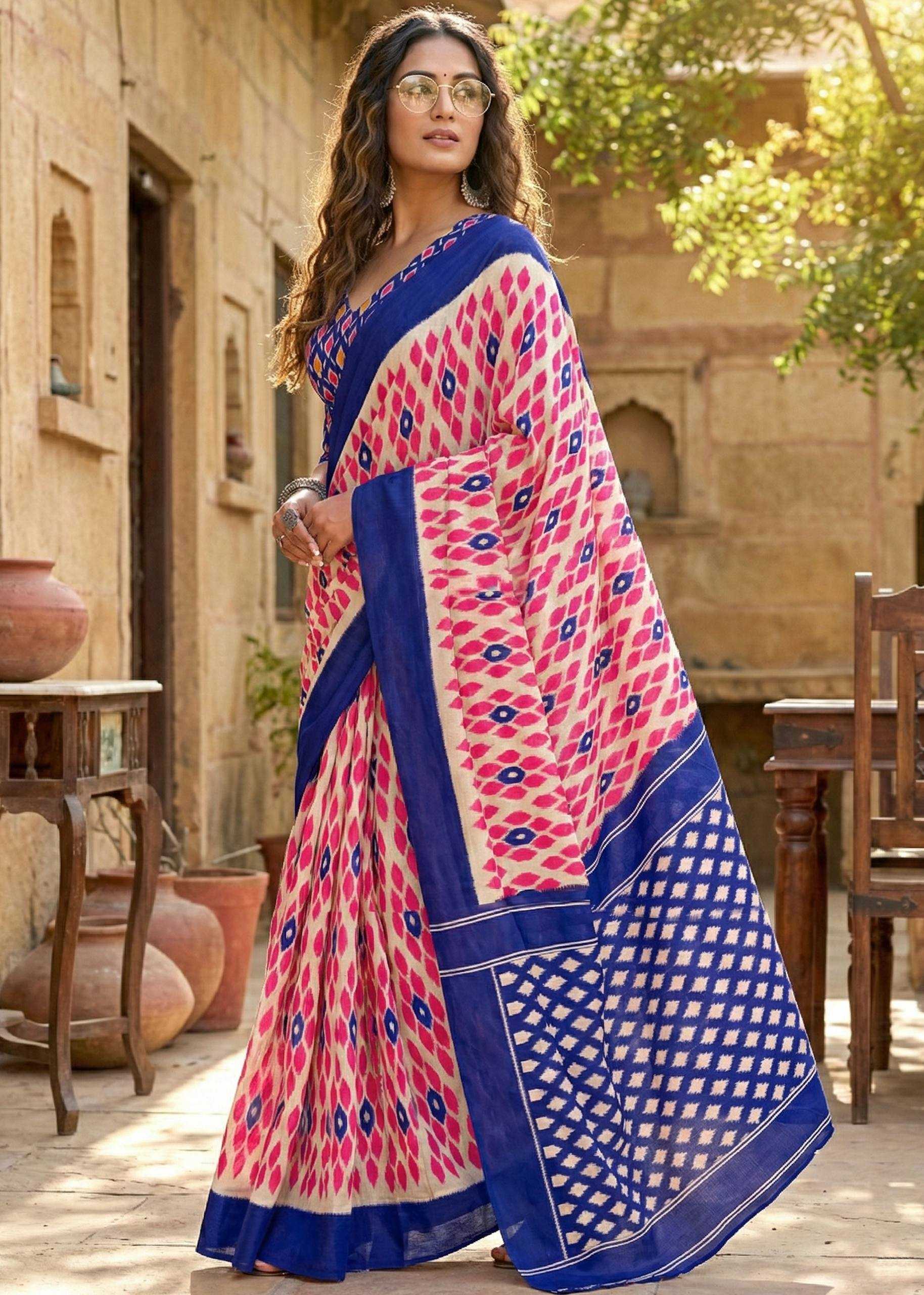 Ynf Cotton RIN229 Ikkat Sarees Wholesale Designer Sarees Printed Sarees Ikkat Saree Manufacturer- Kapda Export