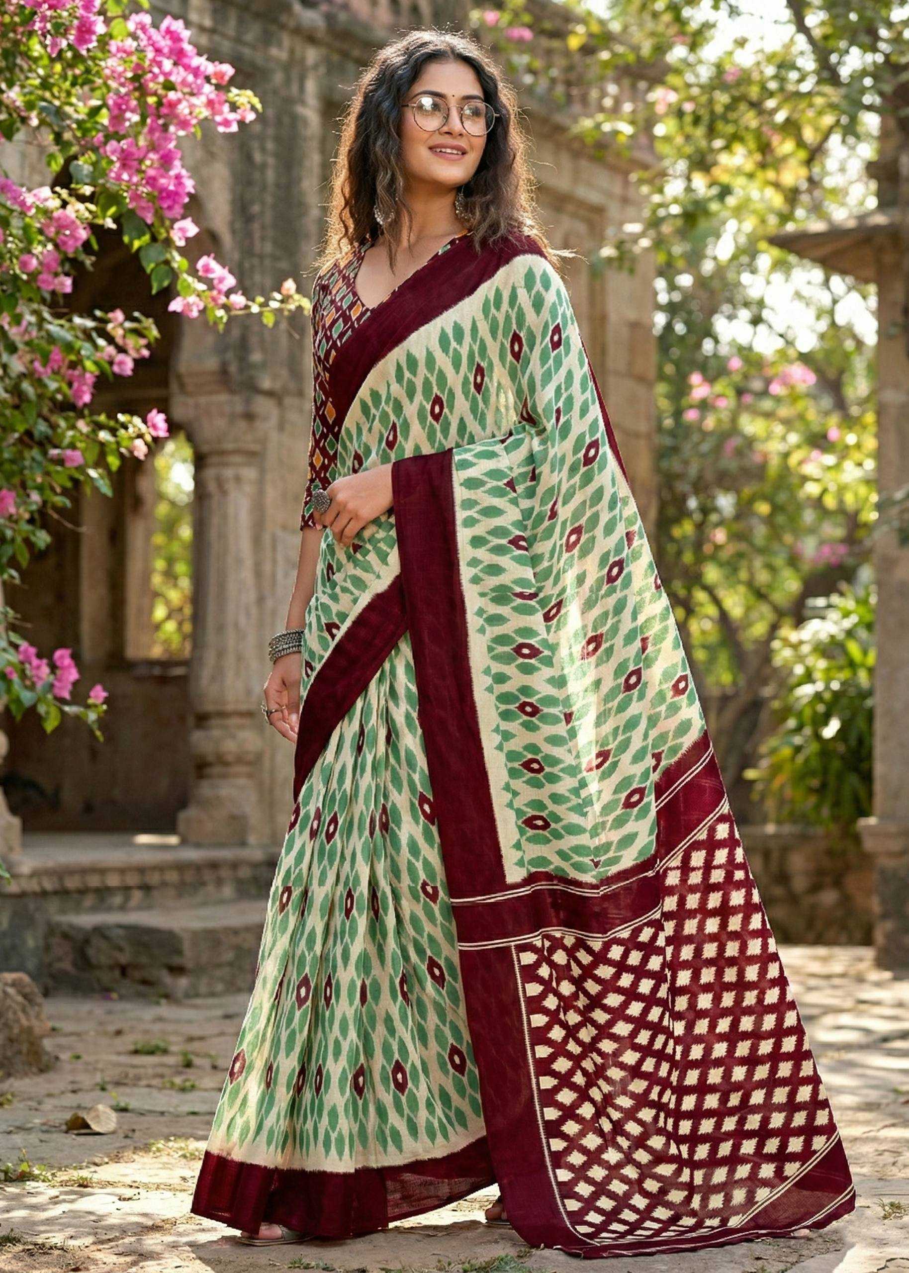 Ynf Cotton RIN229 Ikkat Sarees Wholesale Designer Sarees Printed Sarees Ikkat Saree Manufacturer- Kapda Export