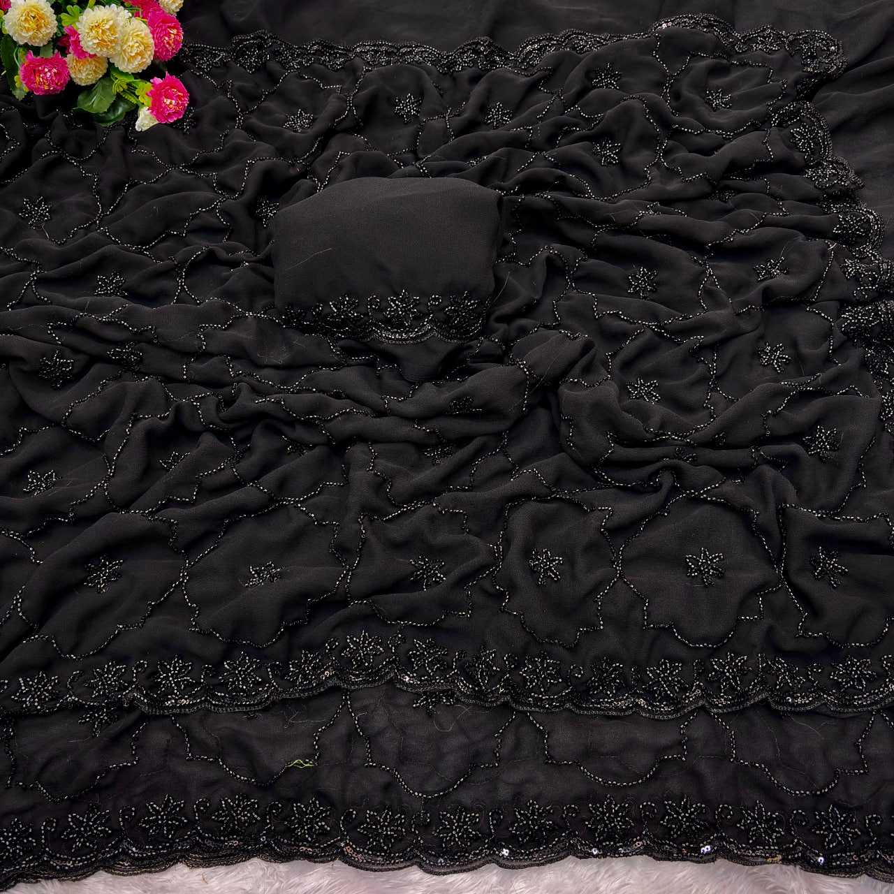 Ynf Faux Georgette KESH600 Ramya Sarees Festive Collections Wholesale Party Wear Sarees Georgette Sarees Black Sarees Manufacturer- Kapda Export