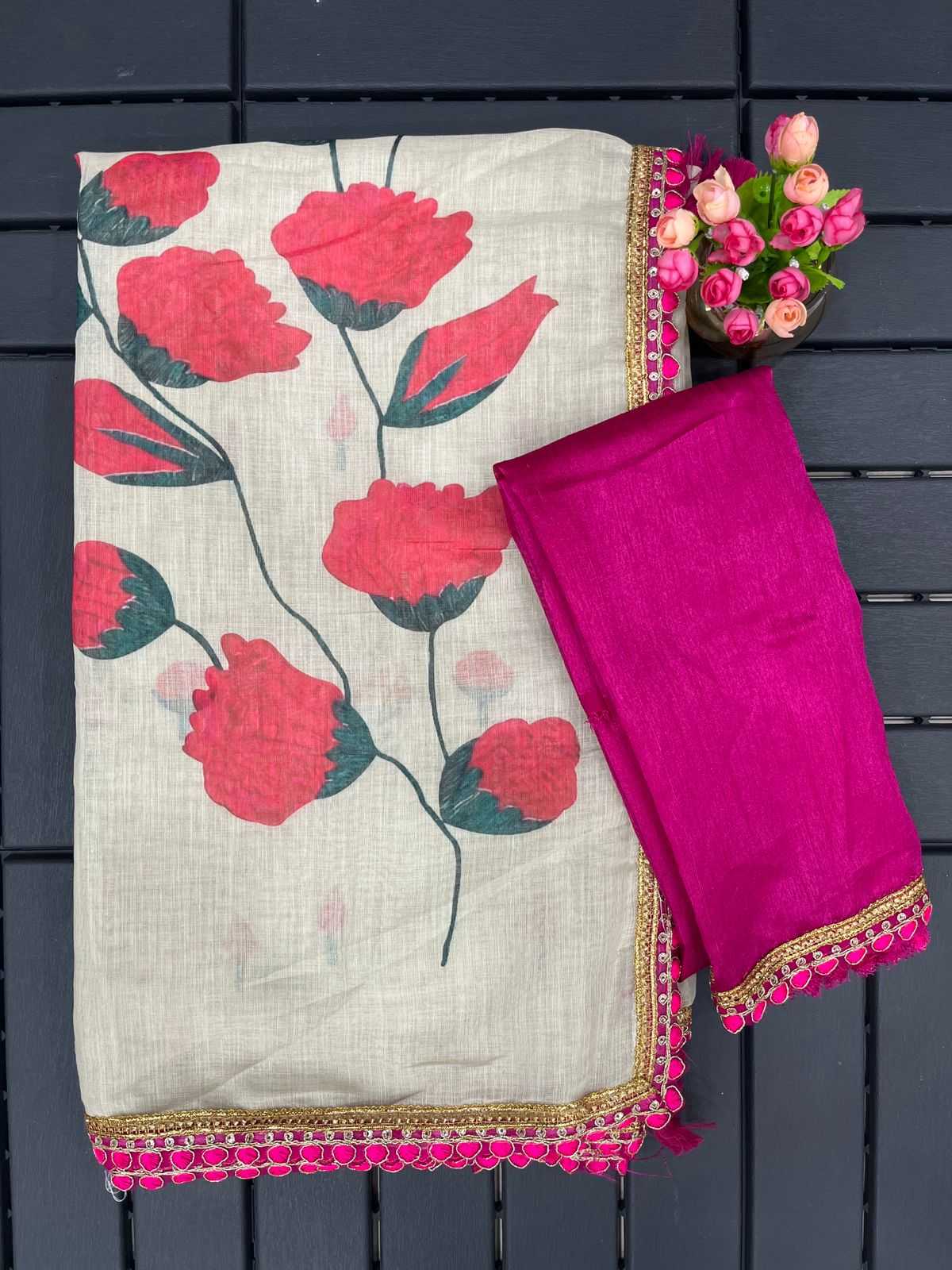 Ynf Linen KESH554 GULABO Sarees Wholesale Printed Sarees Lace Border Sarees Cotton Sarees Manufacturer- Kapda Export