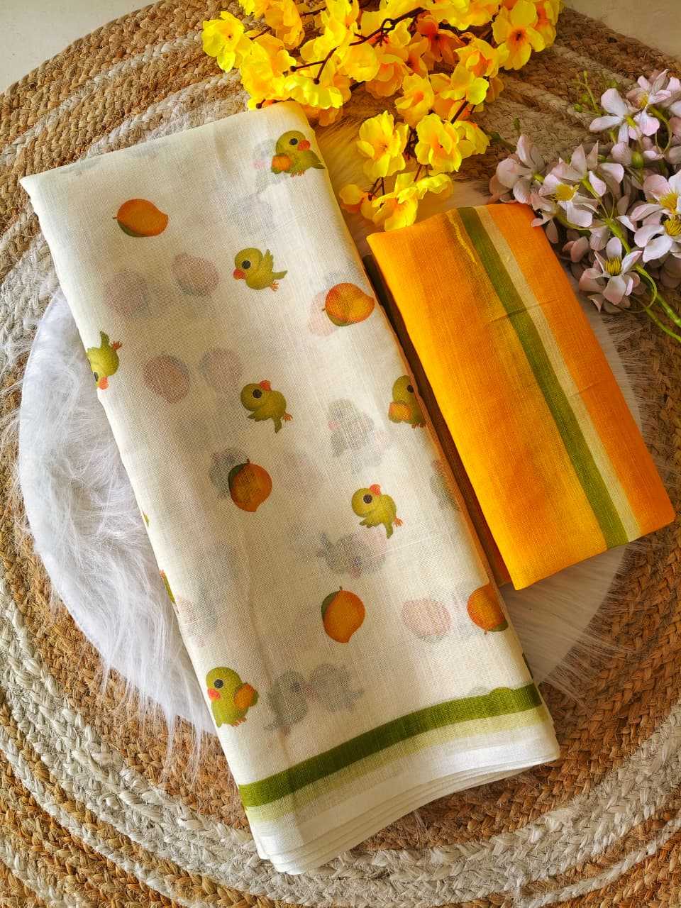 Ynf Linen KESH682 Mango parrot Sarees Festive Collections Wholesale Printed Sarees Plain Sarees Linen Sarees Manufacturer- Kapda Export