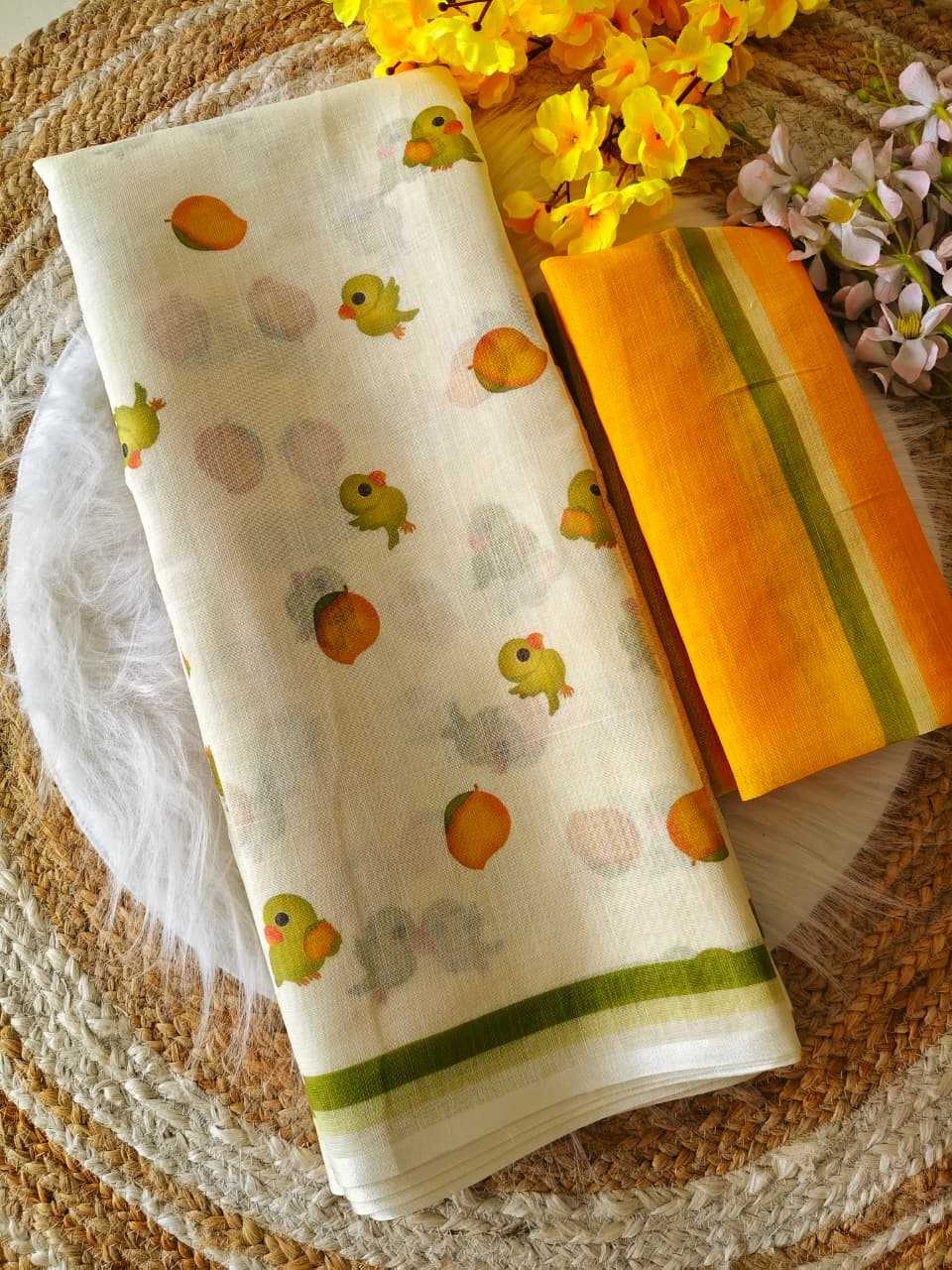 Ynf Linen KESH682 Mango parrot Sarees Festive Collections Wholesale Printed Sarees Plain Sarees Linen Sarees Manufacturer- Kapda Export