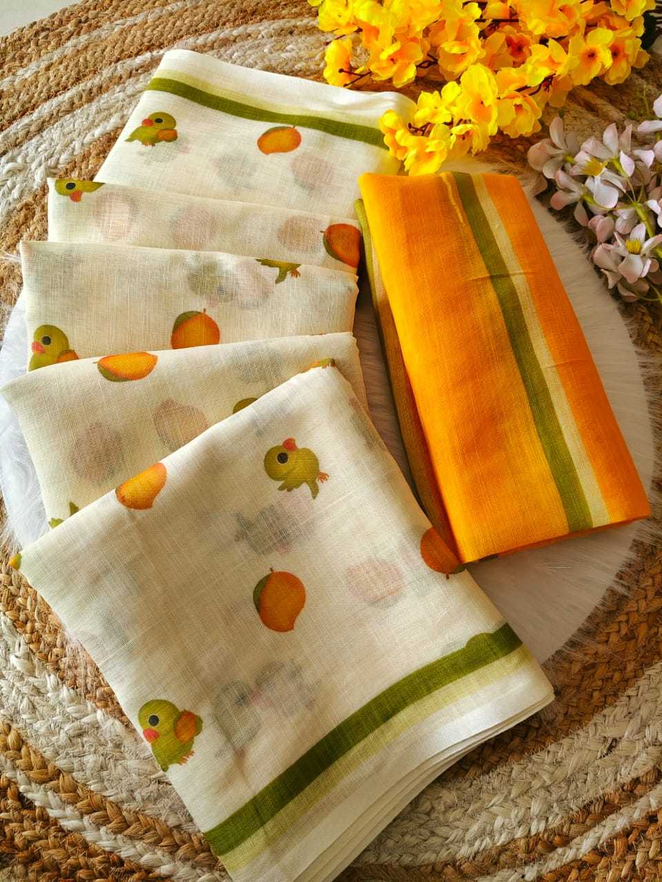 Ynf Linen KESH682 Mango parrot Sarees Festive Collections Wholesale Printed Sarees Plain Sarees Linen Sarees Manufacturer- Kapda Export