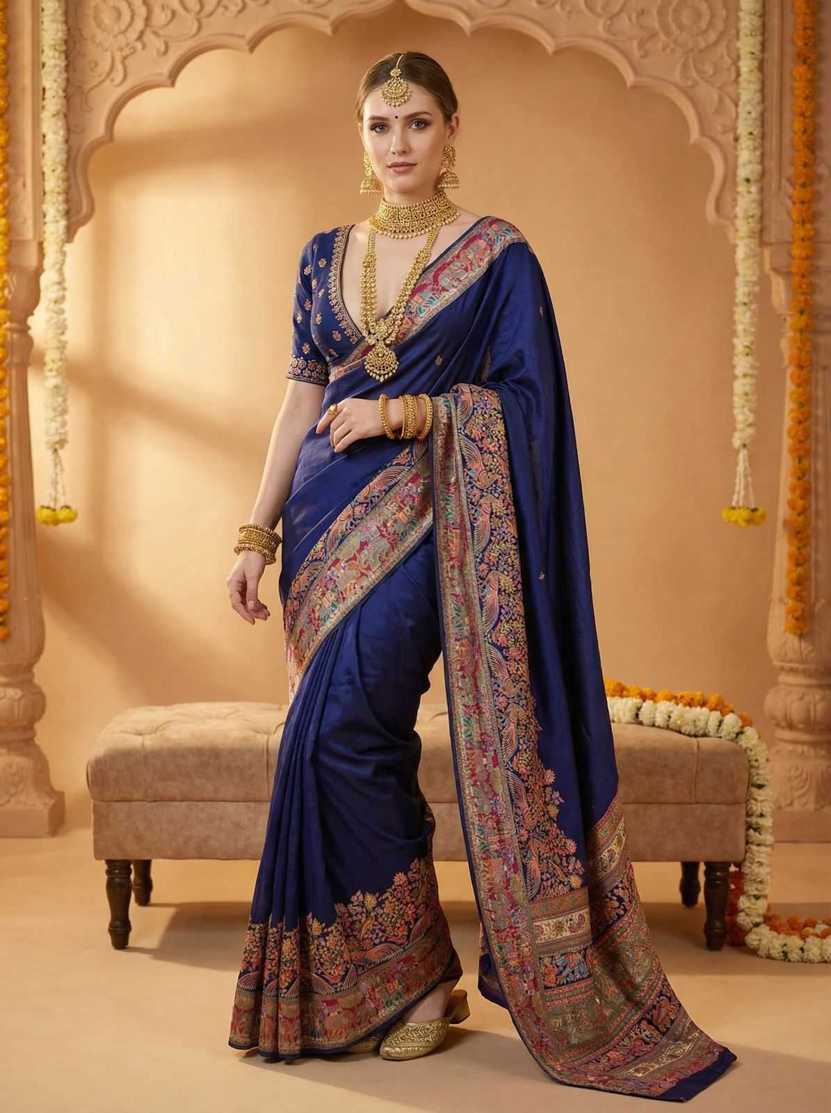 Ynf Pashmina KESH672 mor pashmeena Silk Sarees Wholesale Designer Silk Sarees Zari Border Silk Sarees Pashmina Silk Sarees Manufacturer- Kapda Export