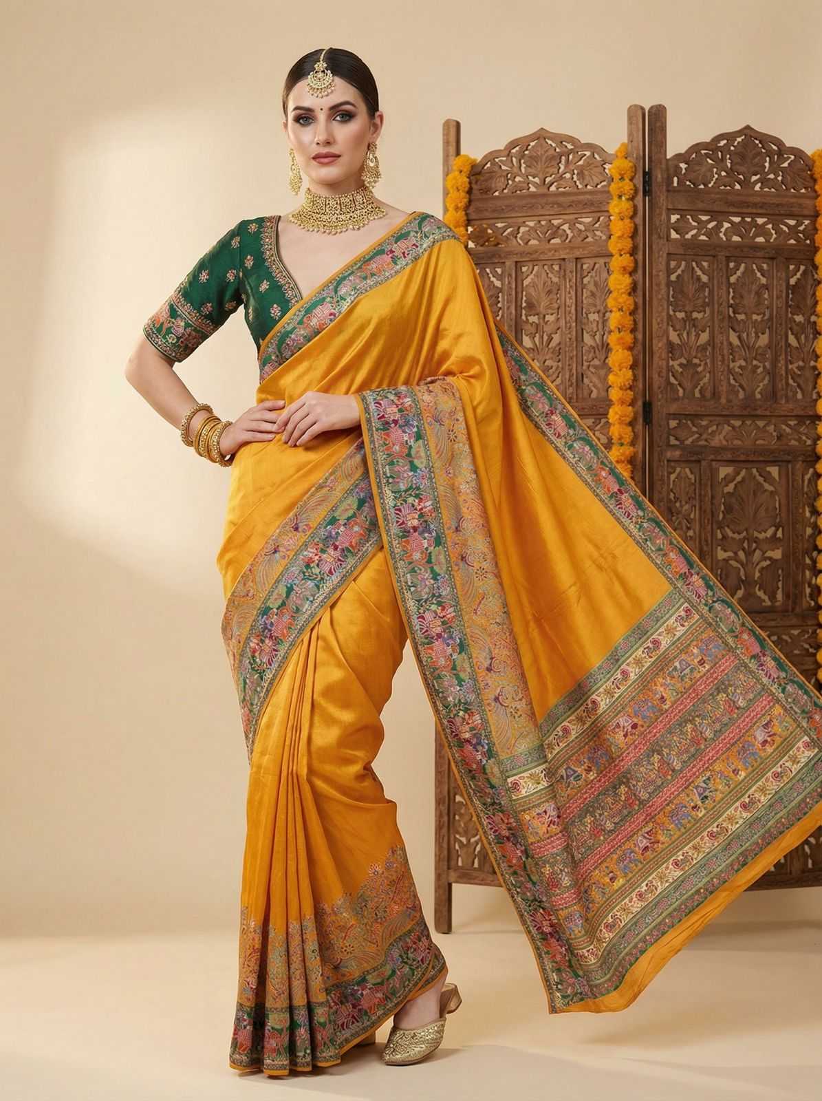 Ynf Pashmina KESH672 mor pashmeena Silk Sarees Wholesale Designer Silk Sarees Zari Border Silk Sarees Pashmina Silk Sarees Manufacturer- Kapda Export