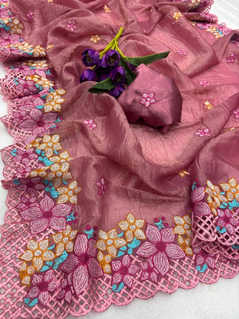 Ynf Satin Silk KESH694 24 Sarees Wholesale Embroidered Sarees Heavy Work Sarees Cutwork Saree Manufacturer- Kapda Export