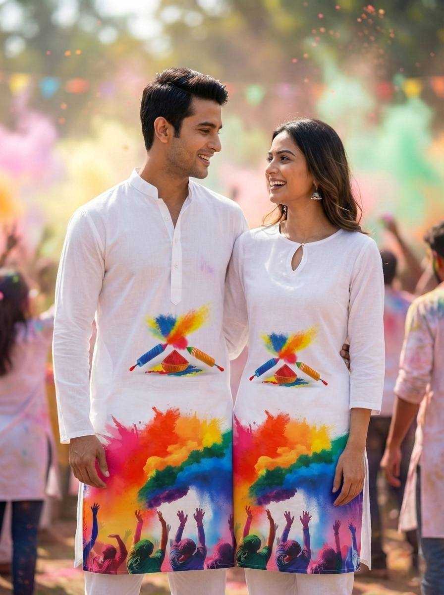 Ynf Slub Reyon RIN131 Holi Couple Wear Festive Collections Wholesale Holi Collections Couple Matching Ethnic Outfits Festive Matching Couple Dresses Manufacturer- Kapda Export